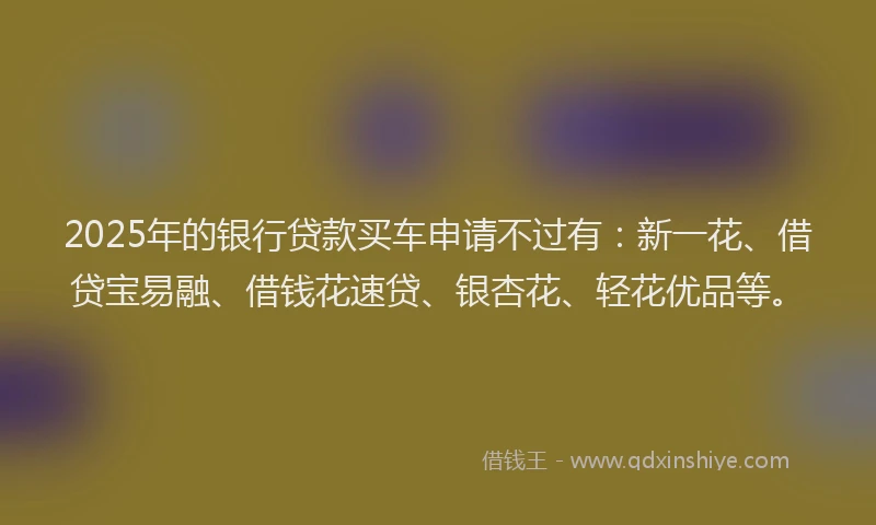 2025年的银行贷款买车申请不过有：新一花、借贷宝易融、借钱花速贷、银杏花、轻花优品等。