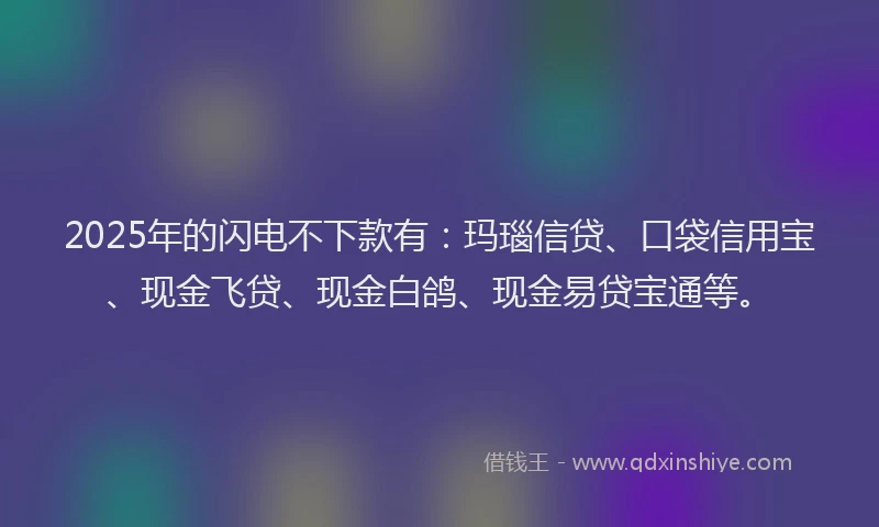 2025年的闪电不下款有：玛瑙信贷、口袋信用宝、现金飞贷、现金白鸽、现金易贷宝通等。