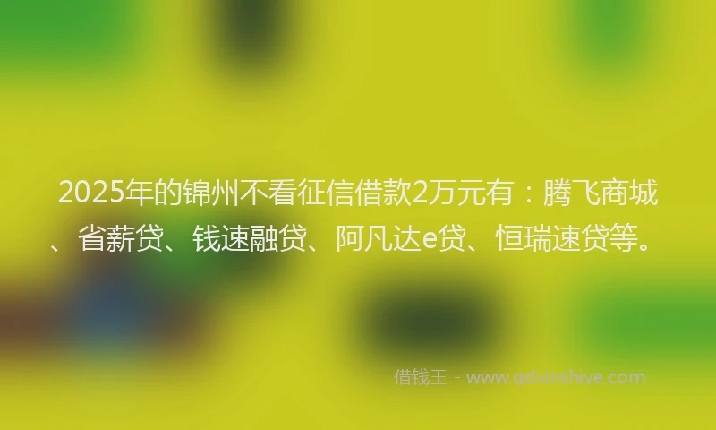 2025年的锦州不看征信借款2万元有：腾飞商城、省薪贷、钱速融贷、阿凡达e贷、恒瑞速贷等。