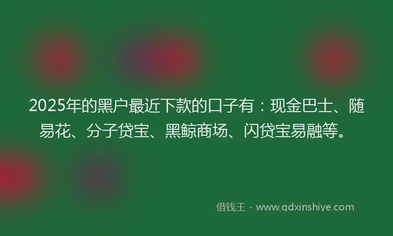 2025年的黑户最近下款的口子有：现金巴士、随易花、分子贷宝、黑鲸商场、闪贷宝易融等。