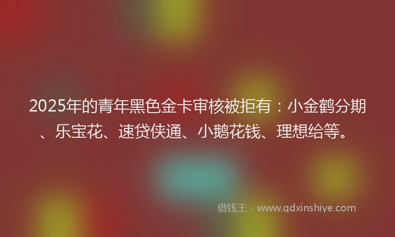 2025年的青年黑色金卡审核被拒有：小金鹤分期、乐宝花、速贷侠通、小鹅花钱、理想给等。