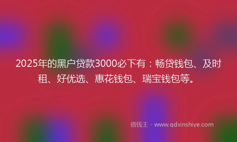2025年的黑户贷款3000必下有：畅贷钱包、及时租、好优选、惠花钱包、瑞宝钱包等。