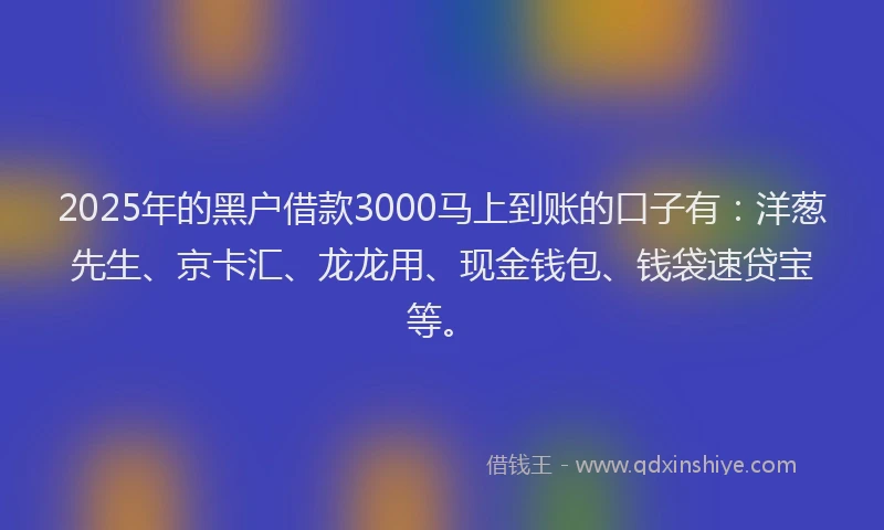 2025年的黑户借款3000马上到账的口子有：洋葱先生、京卡汇、龙龙用、现金钱包、钱袋速贷宝等。