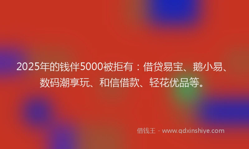 2025年的钱伴5000被拒有：借贷易宝、鹅小易、数码潮享玩、和信借款、轻花优品等。
