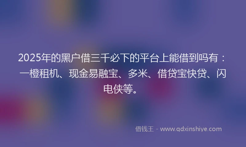2025年的黑户借三千必下的平台上能借到吗有：一橙租机、现金易融宝、多米、借贷宝快贷、闪电侠等。