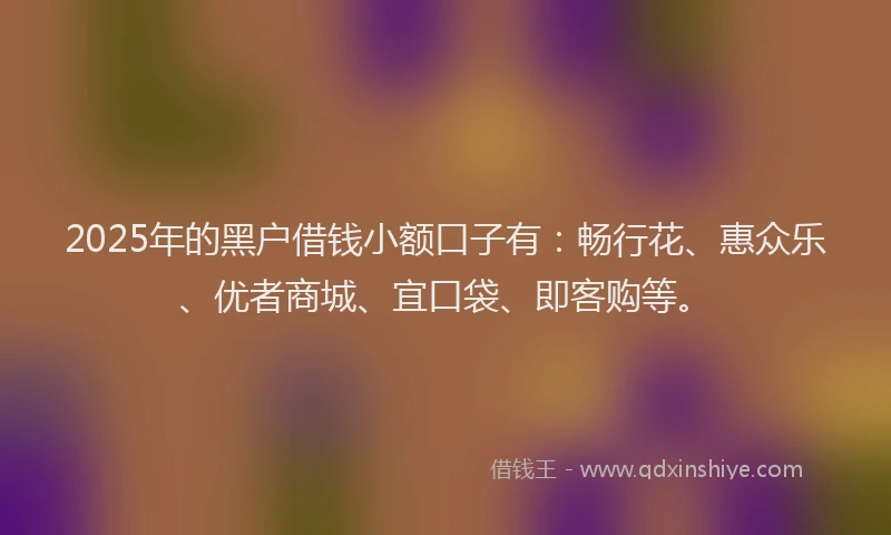2025年的黑户借钱小额口子有：畅行花、惠众乐、优者商城、宜口袋、即客购等。