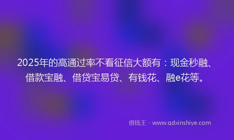 2025年的高通过率不看征信大额有：现金秒融、借款宝融、借贷宝易贷、有钱花、融e花等。