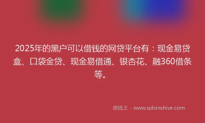 2025年的黑户可以借钱的网贷平台有：现金易贷盒、口袋金贷、现金易借通、银杏花、融360借条等。