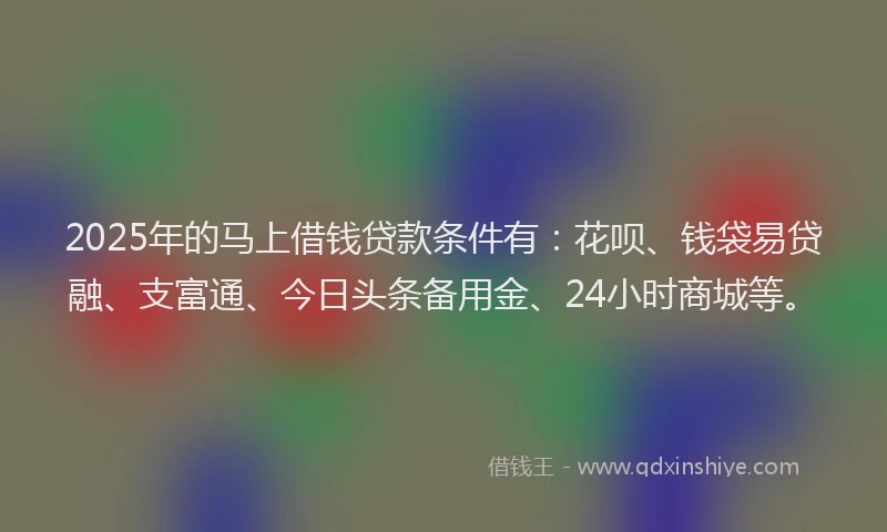 2025年的马上借钱贷款条件有：花呗、钱袋易贷融、支富通、今日头条备用金、24小时商城等。