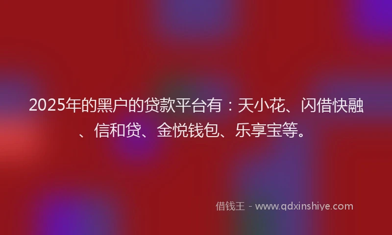 2025年的黑户的贷款平台有：天小花、闪借快融、信和贷、金悦钱包、乐享宝等。