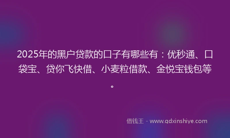 2025年的黑户贷款的口子有哪些有：优秒通、口袋宝、贷你飞快借、小麦粒借款、金悦宝钱包等。