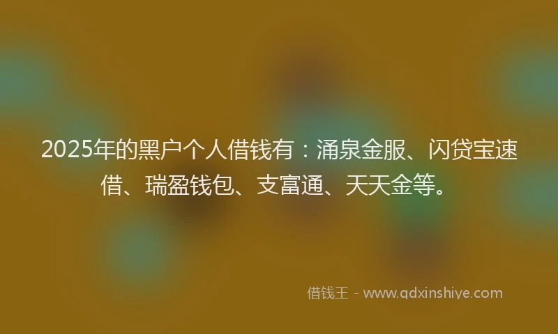 2025年的黑户个人借钱有：涌泉金服、闪贷宝速借、瑞盈钱包、支富通、天天金等。