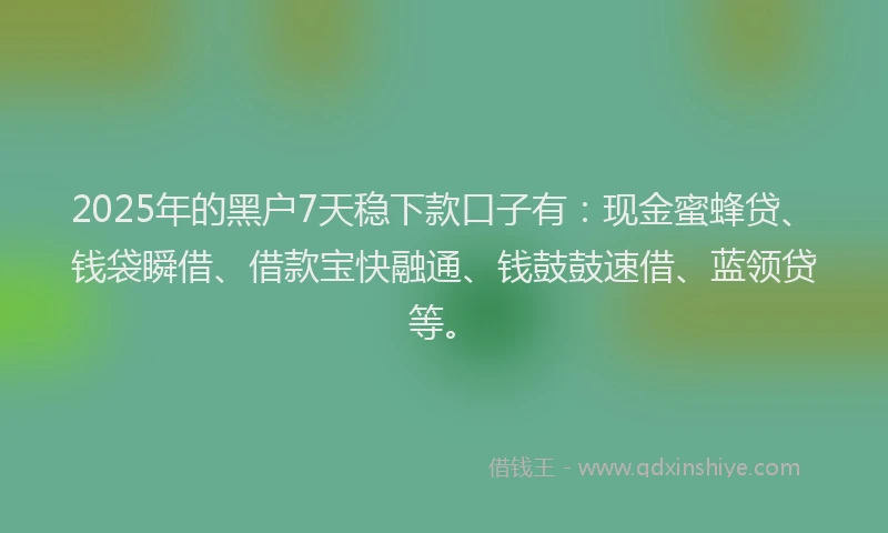 2025年的黑户7天稳下款口子有：现金蜜蜂贷、钱袋瞬借、借款宝快融通、钱鼓鼓速借、蓝领贷等。