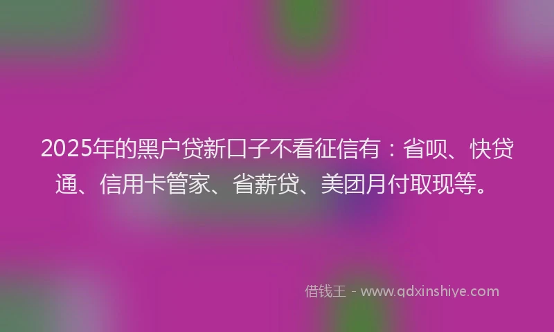 2025年的黑户贷新口子不看征信有：省呗、快贷通、信用卡管家、省薪贷、美团月付取现等。