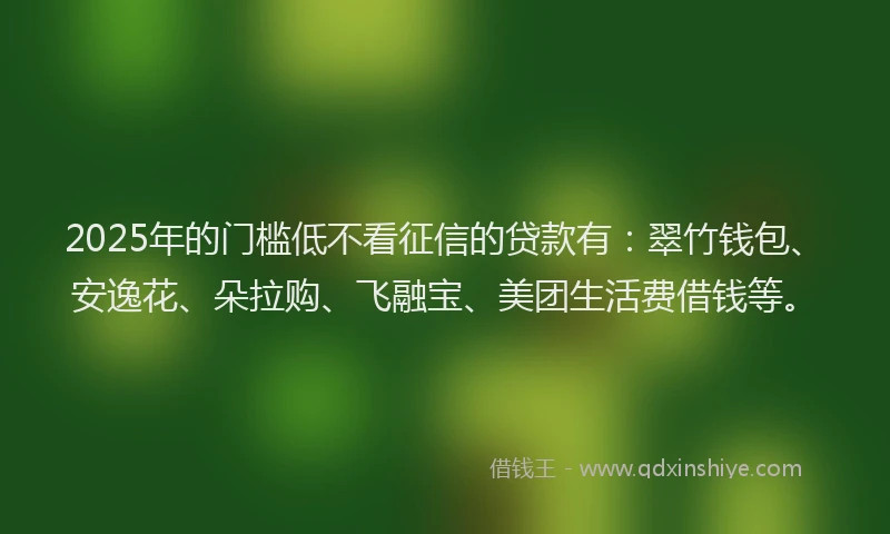 2025年的门槛低不看征信的贷款有：翠竹钱包、安逸花、朵拉购、飞融宝、美团生活费借钱等。