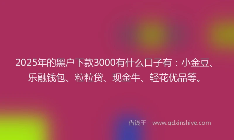 2025年的黑户下款3000有什么口子有：小金豆、乐融钱包、粒粒贷、现金牛、轻花优品等。