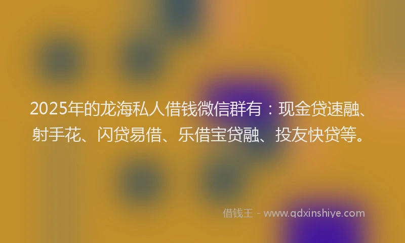 2025年的龙海私人借钱微信群有：现金贷速融、射手花、闪贷易借、乐借宝贷融、投友快贷等。