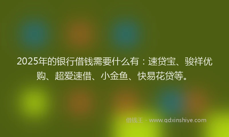 2025年的银行借钱需要什么有：速贷宝、骏祥优购、超爱速借、小金鱼、快易花贷等。