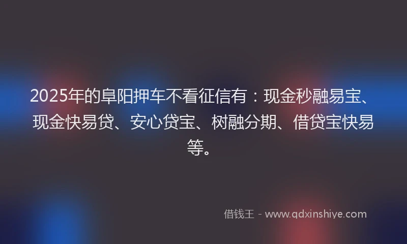 2025年的阜阳押车不看征信有：现金秒融易宝、现金快易贷、安心贷宝、树融分期、借贷宝快易等。
