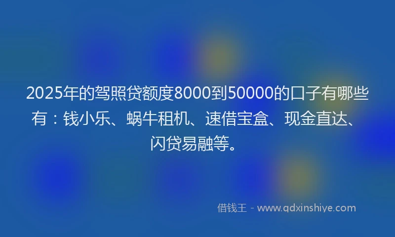 2025年的驾照贷额度8000到50000的口子有哪些有：钱小乐、蜗牛租机、速借宝盒、现金直达、闪贷易融等。