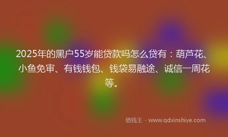 2025年的黑户55岁能贷款吗怎么贷有：葫芦花、小鱼免审、有钱钱包、钱袋易融途、诚信一周花等。