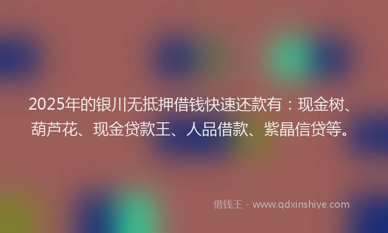 2025年的银川无抵押借钱快速还款有：现金树、葫芦花、现金贷款王、人品借款、紫晶信贷等。