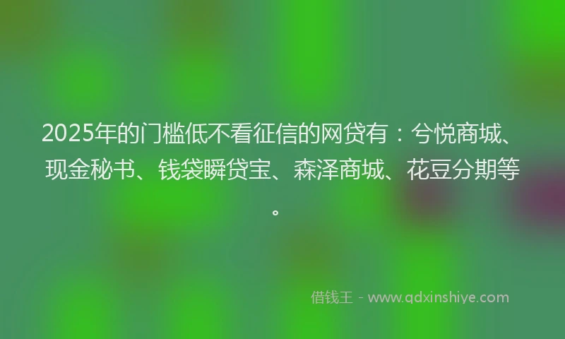 2025年的门槛低不看征信的网贷有：兮悦商城、现金秘书、钱袋瞬贷宝、森泽商城、花豆分期等。