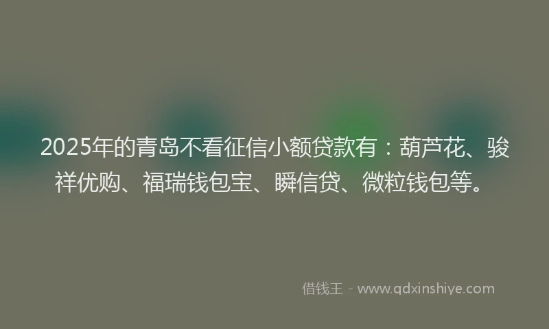 2025年的青岛不看征信小额贷款有：葫芦花、骏祥优购、福瑞钱包宝、瞬信贷、微粒钱包等。
