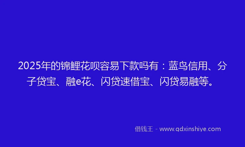 2025年的锦鲤花呗容易下款吗有：蓝鸟信用、分子贷宝、融e花、闪贷速借宝、闪贷易融等。