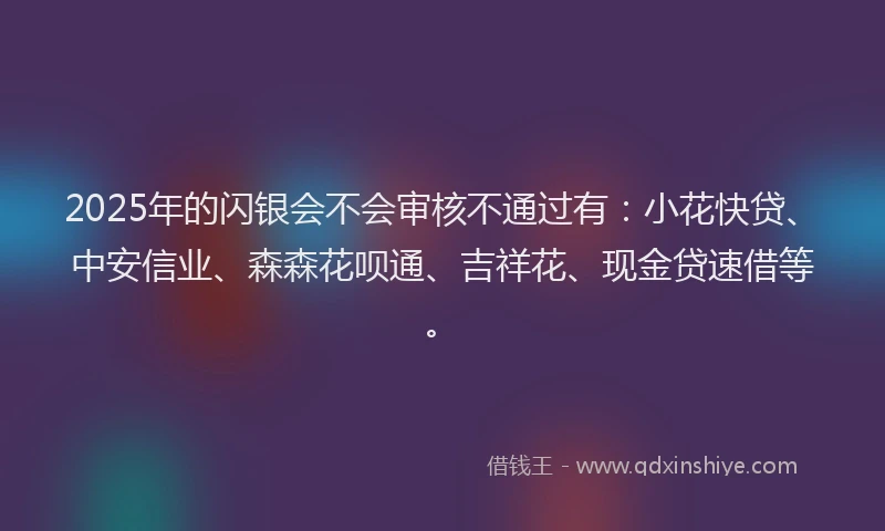 2025年的闪银会不会审核不通过有：小花快贷、中安信业、森森花呗通、吉祥花、现金贷速借等。