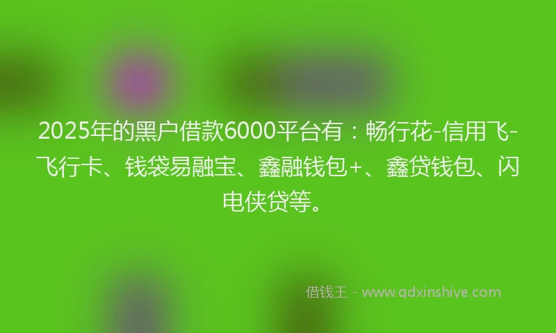 2025年的黑户借款6000平台有：畅行花-信用飞-飞行卡、钱袋易融宝、鑫融钱包+、鑫贷钱包、闪电侠贷等。