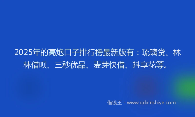 2025年的高炮口子排行榜最新版有：琉璃贷、林林借呗、三秒优品、麦芽快借、抖享花等。