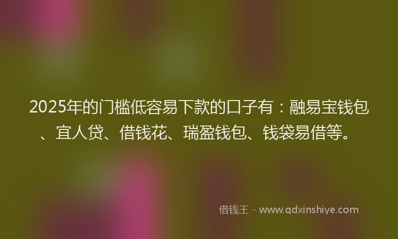 2025年的门槛低容易下款的口子有：融易宝钱包、宜人贷、借钱花、瑞盈钱包、钱袋易借等。