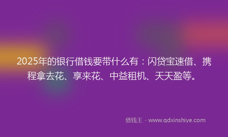 2025年的银行借钱要带什么有：闪贷宝速借、携程拿去花、享来花、中益租机、天天盈等。