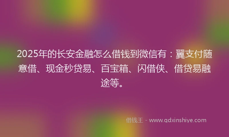 2025年的长安金融怎么借钱到微信有：翼支付随意借、现金秒贷易、百宝箱、闪借侠、借贷易融途等。