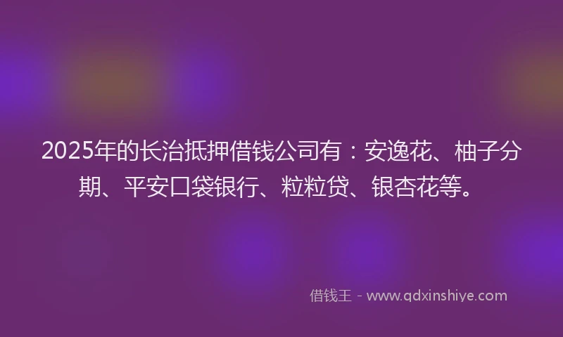 2025年的长治抵押借钱公司有：安逸花、柚子分期、平安口袋银行、粒粒贷、银杏花等。