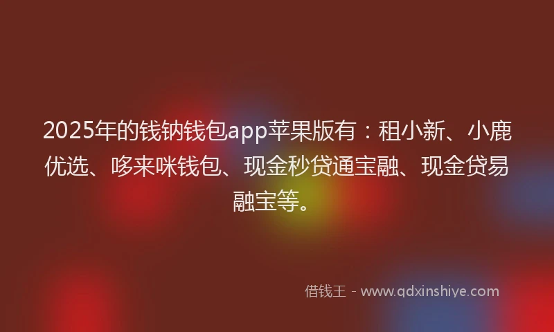 2025年的钱钠钱包app苹果版有：租小新、小鹿优选、哆来咪钱包、现金秒贷通宝融、现金贷易融宝等。