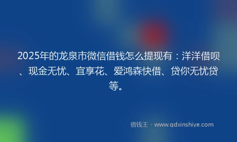 2025年的龙泉市微信借钱怎么提现有：洋洋借呗、现金无忧、宜享花、爱鸿森快借、贷你无忧贷等。