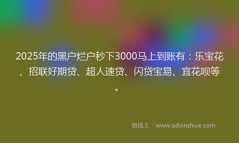 2025年的黑户烂户秒下3000马上到账有：乐宝花、招联好期贷、超人速贷、闪贷宝易、宜花呗等。