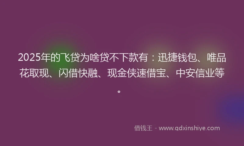 2025年的飞贷为啥贷不下款有：迅捷钱包、唯品花取现、闪借快融、现金侠速借宝、中安信业等。