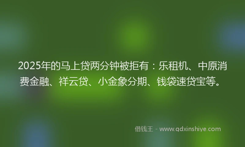 2025年的马上贷两分钟被拒有：乐租机、中原消费金融、祥云贷、小金象分期、钱袋速贷宝等。