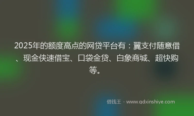 2025年的额度高点的网贷平台有：翼支付随意借、现金侠速借宝、口袋金贷、白象商城、超快购等。