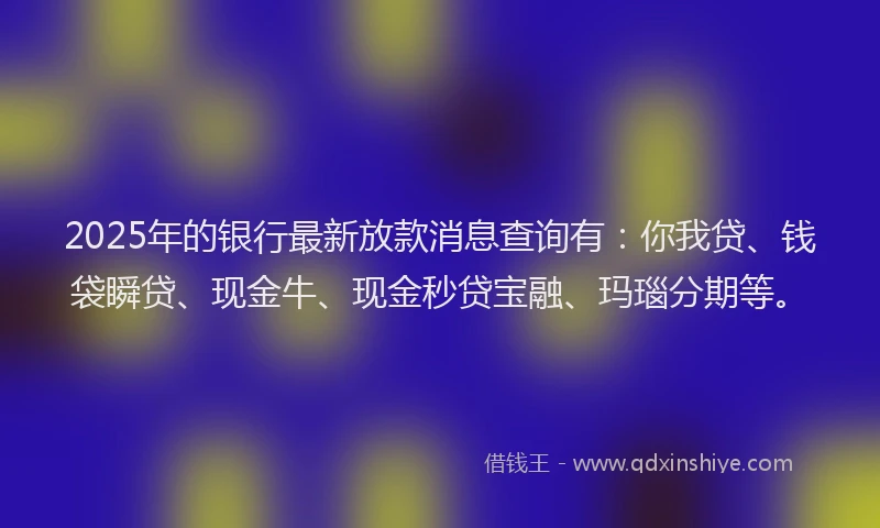 2025年的银行最新放款消息查询有：你我贷、钱袋瞬贷、现金牛、现金秒贷宝融、玛瑙分期等。