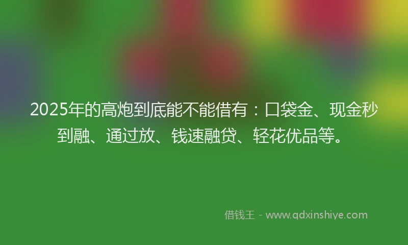 2025年的高炮到底能不能借有：口袋金、现金秒到融、通过放、钱速融贷、轻花优品等。