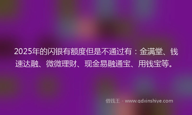 2025年的闪银有额度但是不通过有：金满堂、钱速达融、微微理财、现金易融通宝、用钱宝等。