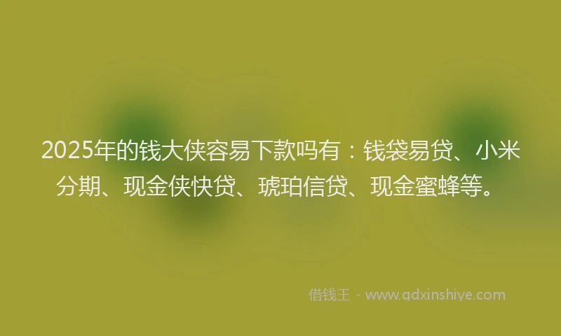 2025年的钱大侠容易下款吗有：钱袋易贷、小米分期、现金侠快贷、琥珀信贷、现金蜜蜂等。