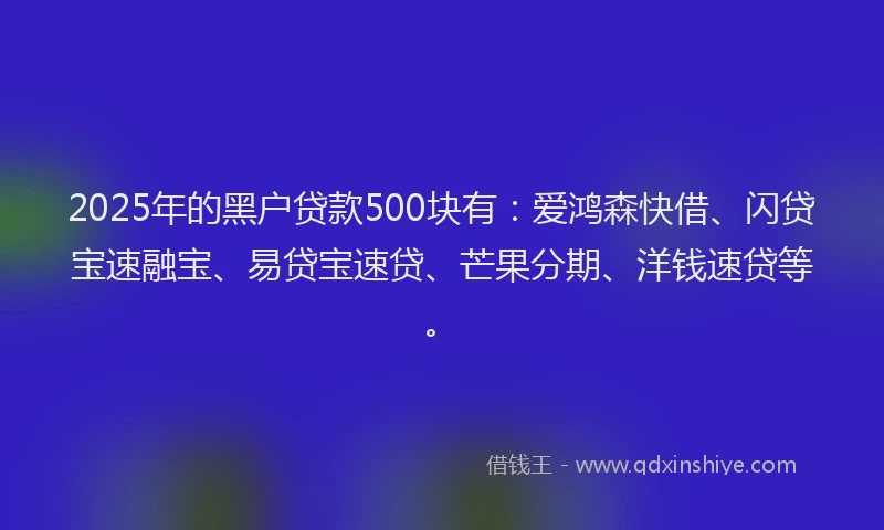 2025年的黑户贷款500块有：爱鸿森快借、闪贷宝速融宝、易贷宝速贷、芒果分期、洋钱速贷等。