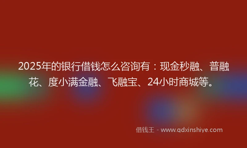2025年的银行借钱怎么咨询有：现金秒融、普融花、度小满金融、飞融宝、24小时商城等。