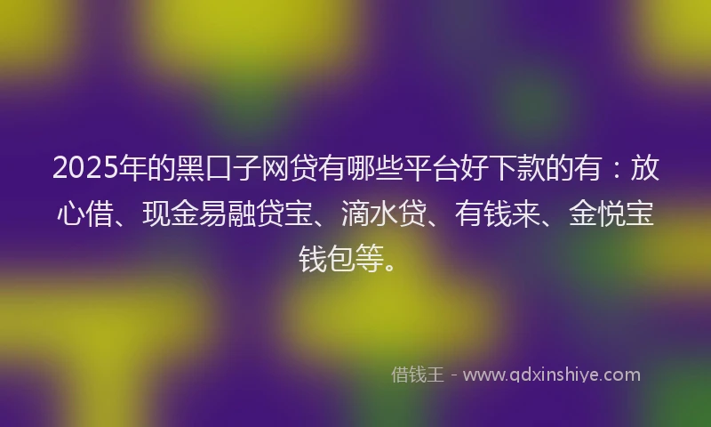 2025年的黑口子网贷有哪些平台好下款的有：放心借、现金易融贷宝、滴水贷、有钱来、金悦宝钱包等。