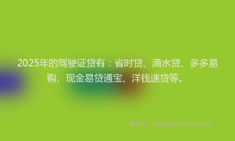 2025年的驾驶证贷有：省时贷、滴水贷、多多易购、现金易贷通宝、洋钱速贷等。